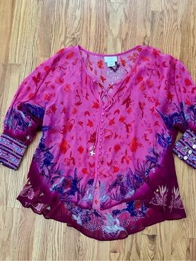 CAMILLA SILK Tropic of Neon Kaftan  Tie-Front Blouse Animal Motif. Sparkles EUC